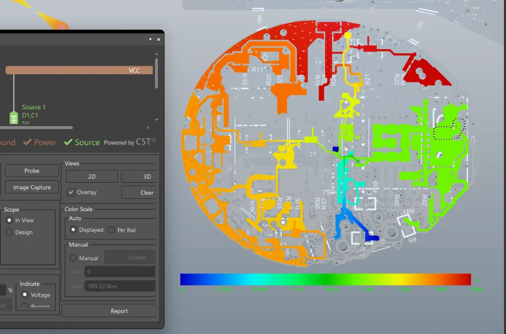 CST DC drop simulation of the same board, showing voltage distribution as a colour map from red at the source to green and blue at the far side