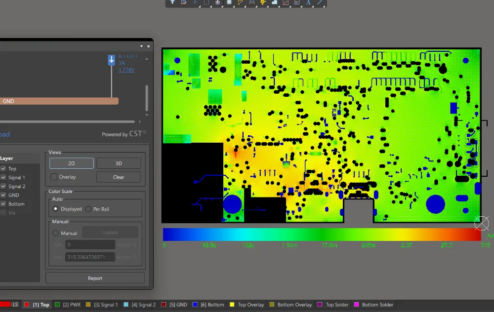 Current density map across the ground plane of a six layer stackup, shown in amps per square millimetre with hot spots in orange and red