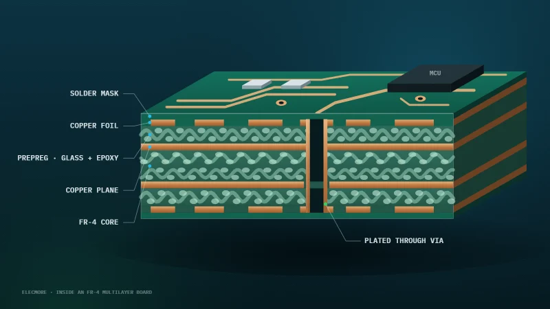 Cut-away illustration of a multilayer FR-4 PCB showing copper layers, woven glass and epoxy, and a plated via