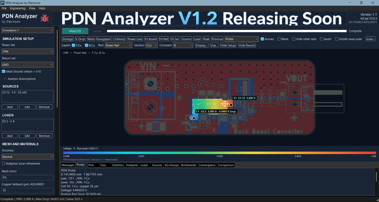PDN Analyzer voltage overlay on a PCB inside KiCad
